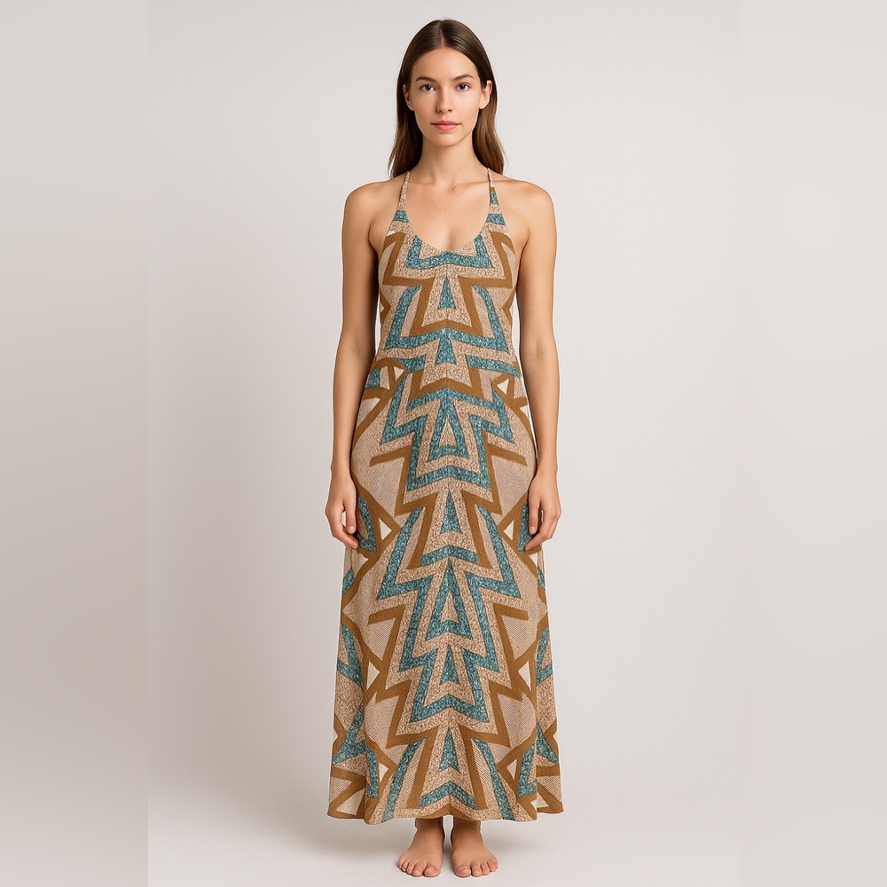 Free‎ People Womens M Halter Maxi Dress Geometric Print Boho Festival Resort